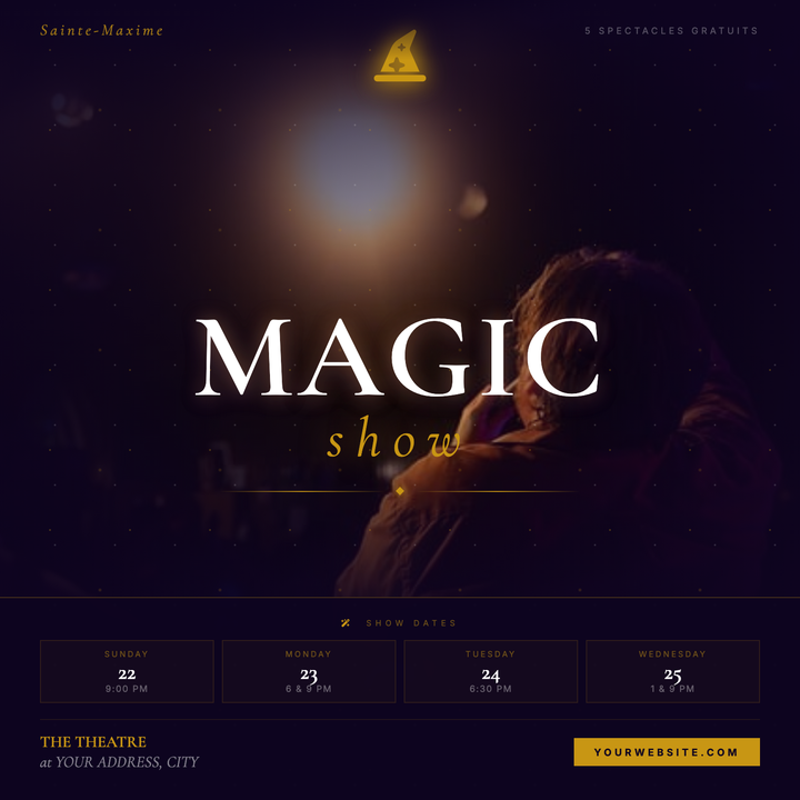 A cinematic dark-mystical flyer built on a deep violet-black canvas with a gold starfield overlay and full-bleed atmospheric photo scrim.