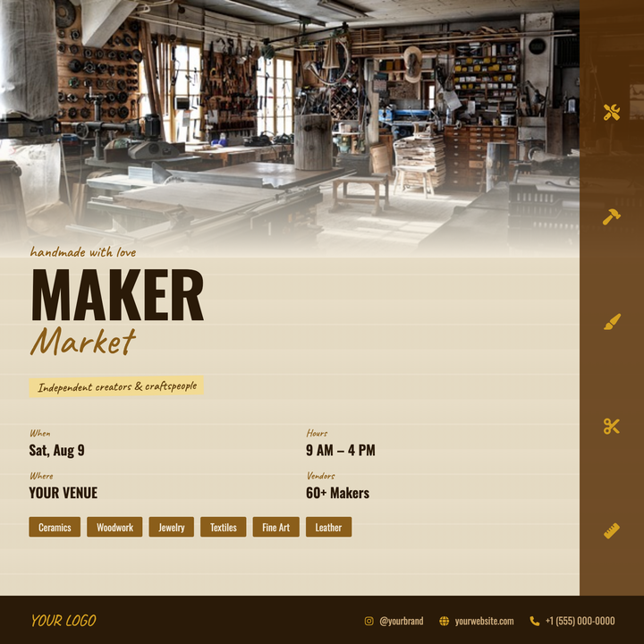 A warm parchment-and-wood layout built for artisanal markets and craft fairs.