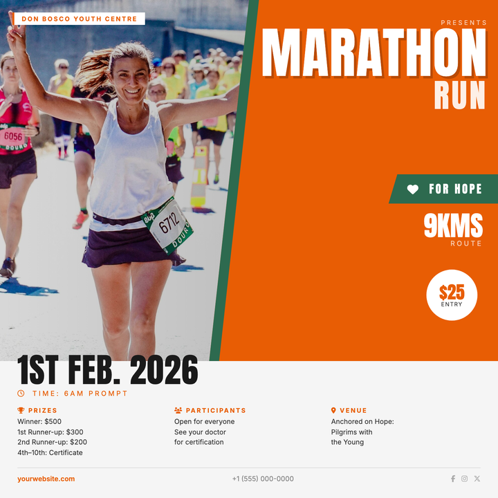 Built for community and charity runs, this template pairs a diagonal-clipped runner photograph with a bold orange hero block and a razor-thin forest-green seam for a high-energy split-panel effect.