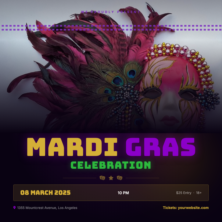 Bold theatrical design built on a near-black canvas with glowing purple, gold, and green ambient blobs.