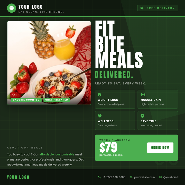 A dark forest-green canvas with a bold Anton headline, 2×2 benefit grid, and a prominent price-CTA bar drives instant attention for meal prep and nutrition delivery brands.
