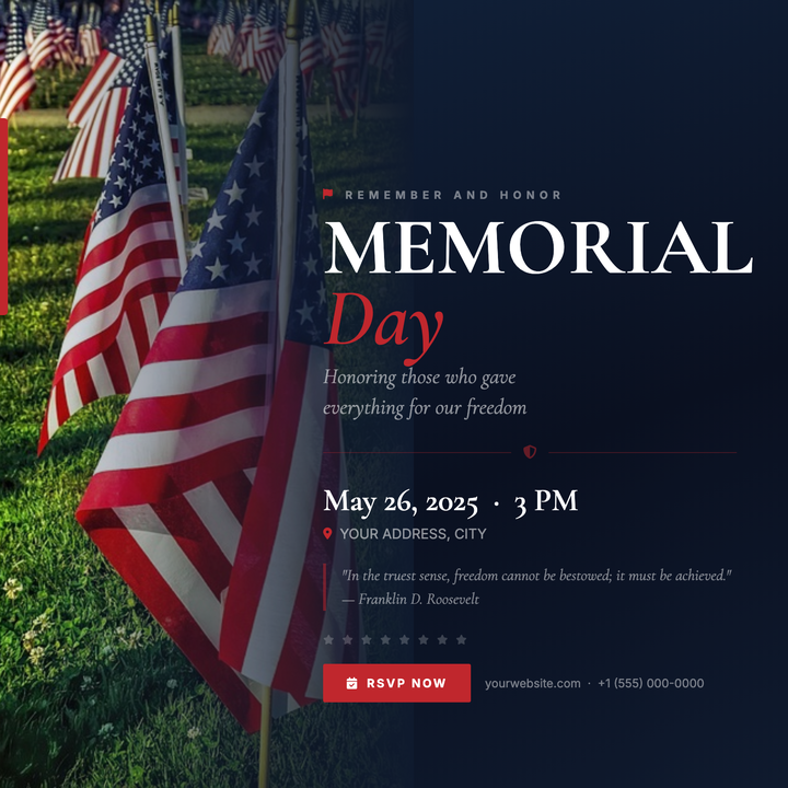 A solemn navy-and-crimson layout built for civic remembrance events.