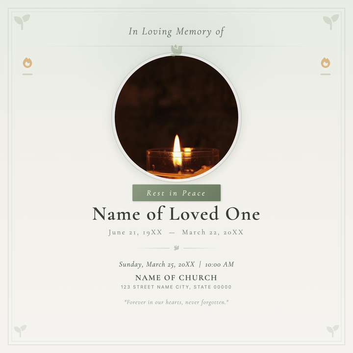 A calm, reverent layout built around a circular portrait framed by flanking candle motifs and soft sage borders, all set in Cormorant Garamond serif typography.