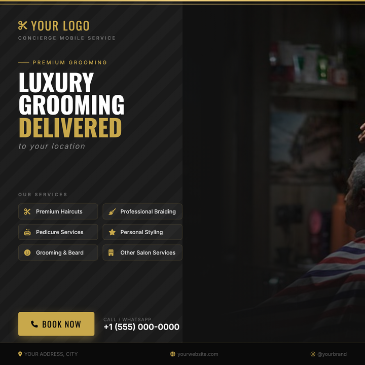 Bold diagonal barber-stripe texture and a full-bleed portrait photo blend seamlessly into a dark split-panel layout, anchored by Oswald headlines and warm gold accents.