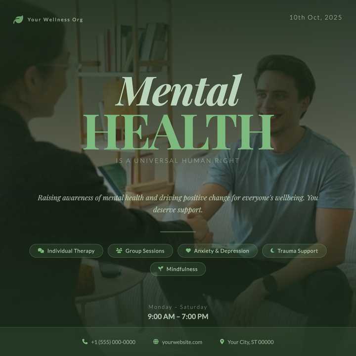A calm, dignified flyer built on a deep forest-green gradient canvas with a centered portrait photo and dark scrim overlay.