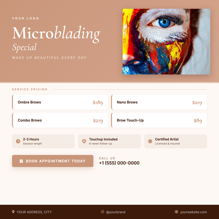 A rose-gold diagonal-gradient hero paired with a Cormorant Garamond serif headline gives this flyer an upscale, feminine edge suited to brow studios and permanent makeup artists.