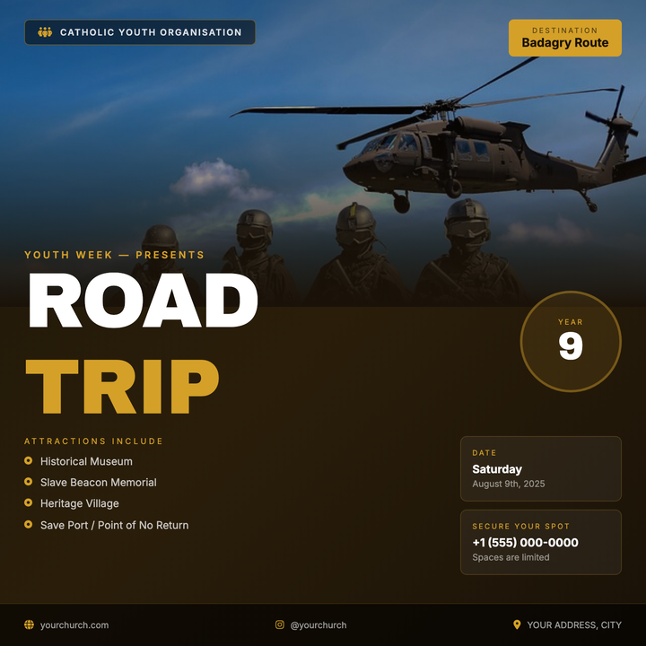 Built for youth groups and faith-based organizations announcing road trips or cultural-mission outings.