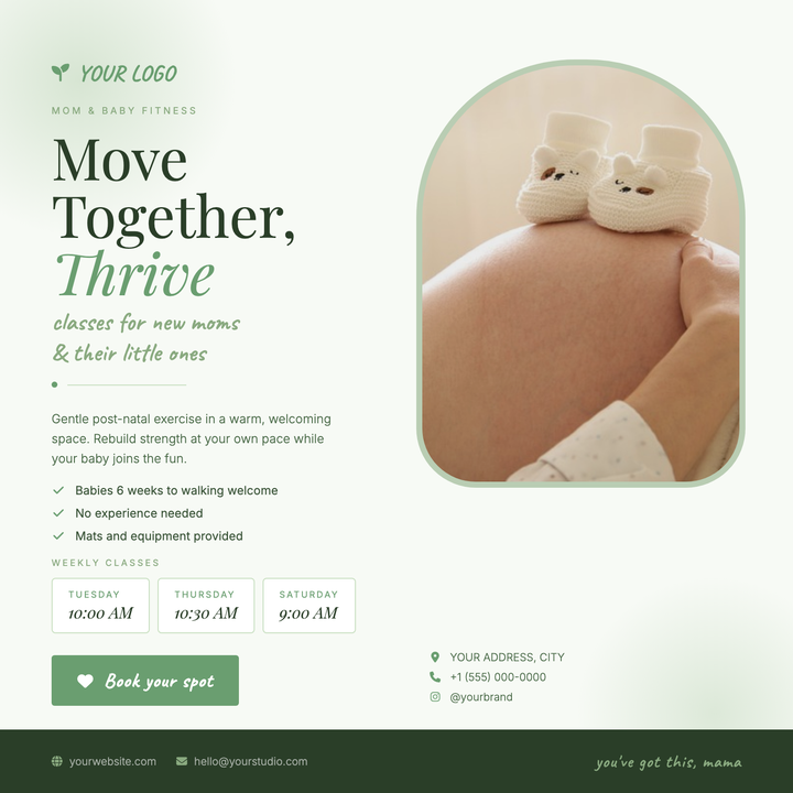 Designed for postnatal fitness studios and baby-and-me yoga classes, this flyer pairs a warm lifestyle photo with a soft sage palette and Caveat handwriting to build instant trust.