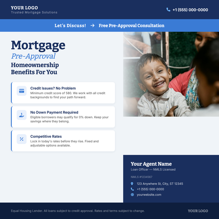 Built for loan officers and mortgage brokerages promoting pre-approval consultations, VA/FHA programs, or open-house lending events.
