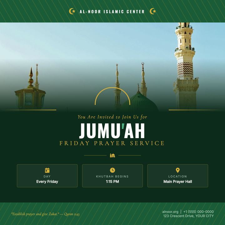 A ceremonial deep-green-and-gold layout built for Islamic community announcements — Jum'ah, Eid, and Ramadan programs.