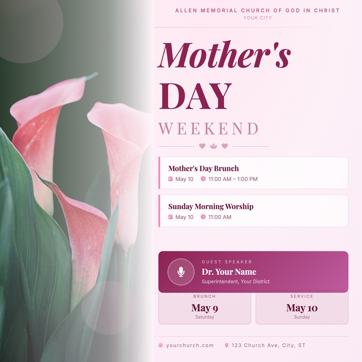 A blush-and-plum split-layout flyer built for faith communities promoting a Mother's Day weekend with multiple events and a guest speaker.