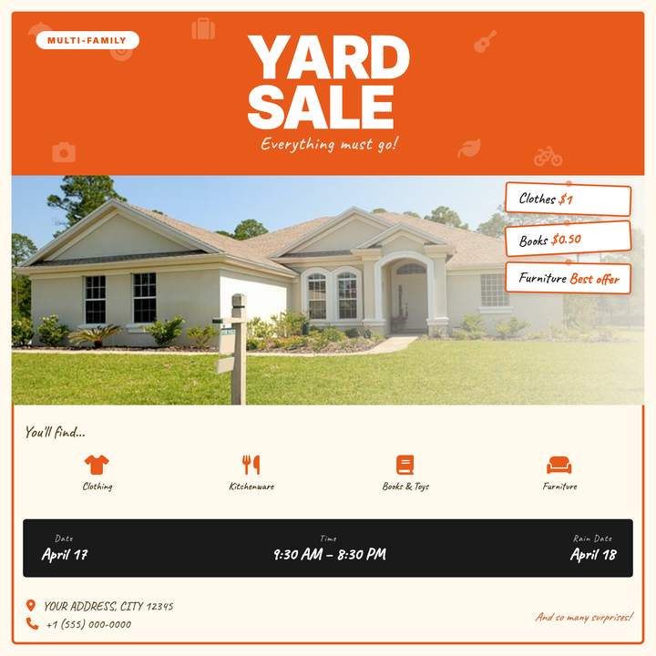 A warm cream-and-orange layout built for neighborhood yard sales and block garage sales.