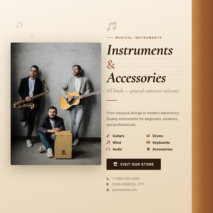 A warm, parchment-toned square flyer split between a hero instrument photo and a structured content column.