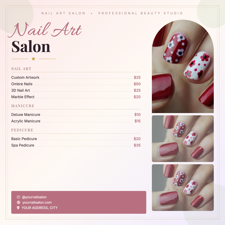 A soft, feminine layout built for upscale nail salons and boutique beauty studios.