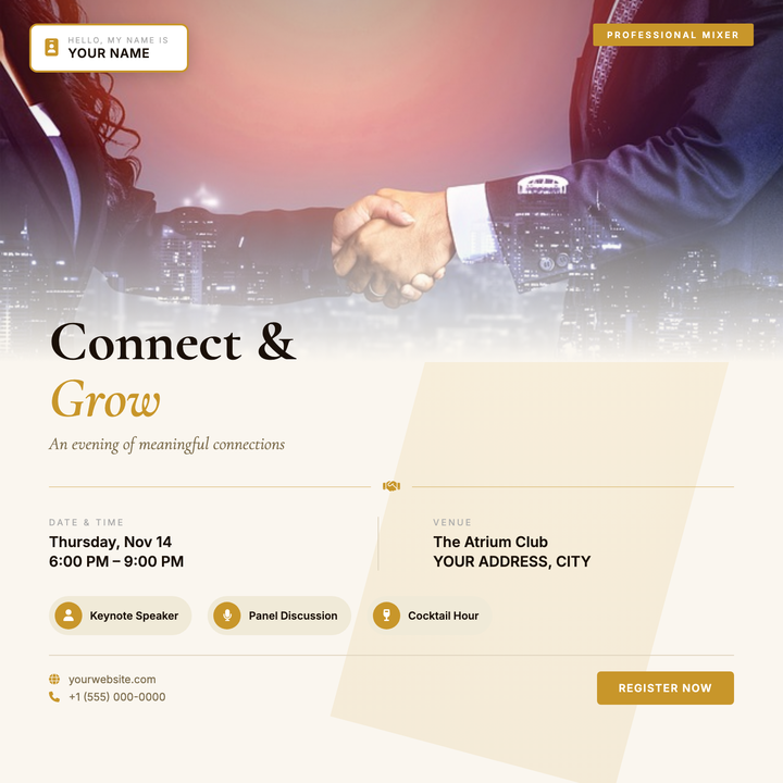 A warm gold-and-cream editorial layout built for upscale professional gatherings — corporate mixers, alumni receptions, or demo nights.