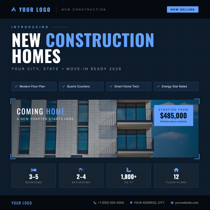 Built on a deep navy blueprint grid with electric blue accents, this template pairs oversized Oswald condensed headlines with a full-width photo panel framed by architectural corner brackets.