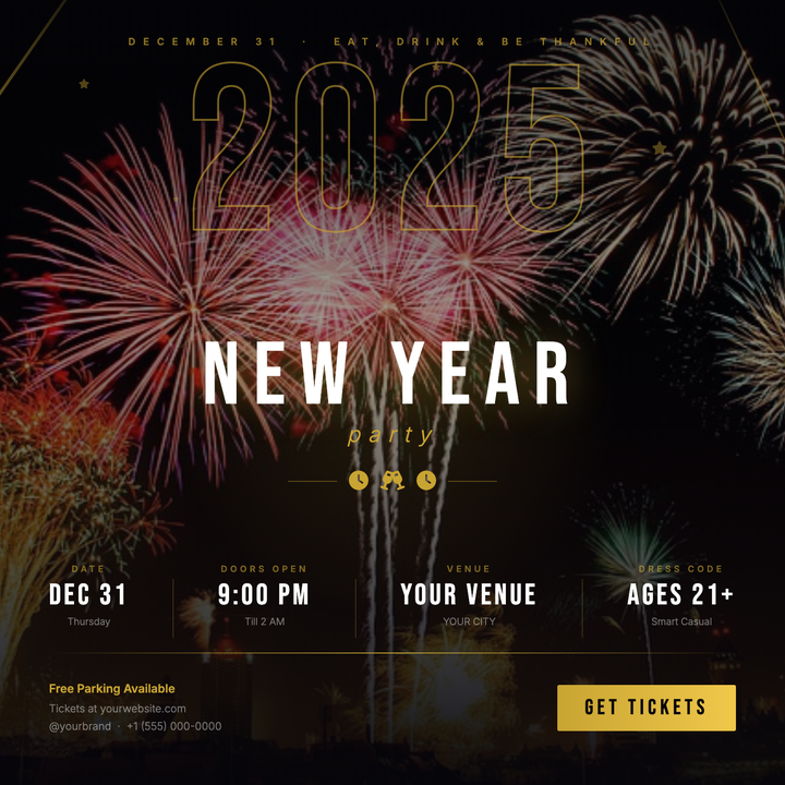 A deep black canvas with a fireworks photo backdrop and a ghosted gold-stroke "2025" watermark set the mood for upscale countdown events.