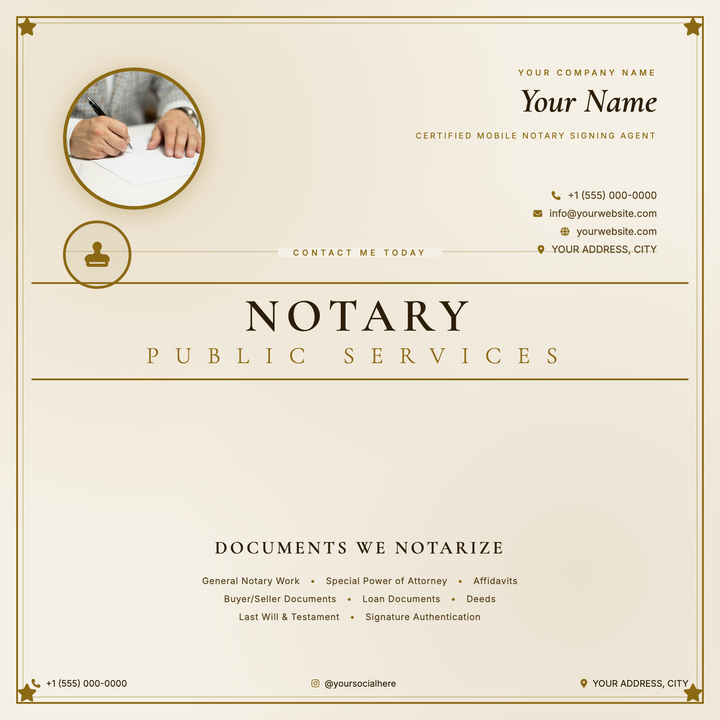 A parchment-cream flyer built for mobile notaries and certified signing agents who want to lead with personal credibility.