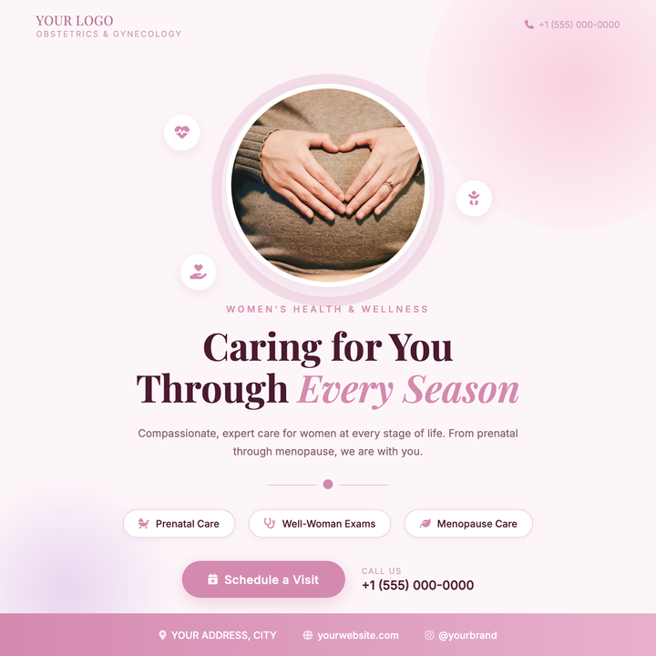 A warm rose-toned flyer built around a circular provider headshot with a soft halo ring, floating icon bubbles, and Playfair Display headlines.