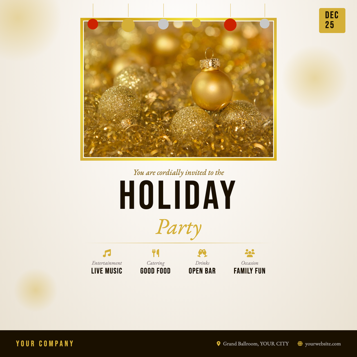 A champagne radial background, metallic gold photo frame, and bold Bebas Neue headline give this 800×800 invite an upscale festive tone.