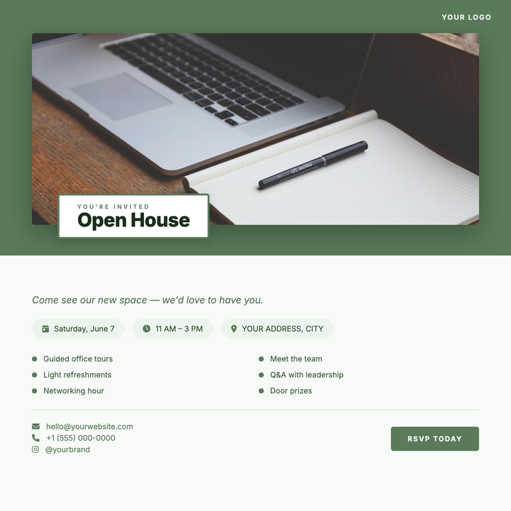 A sage-green header band frames a drop-shadowed interior photo, while a floating stamp widget bridges the layout into a crisp off-white card below.