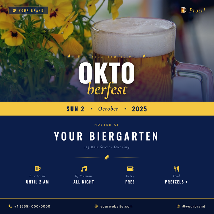 A navy-and-gold split logotype layout built for Oktoberfest celebrations, biergarten openings, and fall beer festivals.