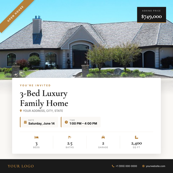 A full-bleed hero photo anchors this square listing flyer, with a warm off-white info card overlapping the image to tie photo and property details together.
