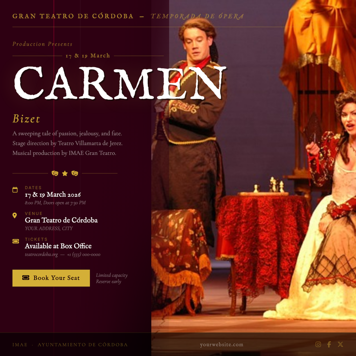 A dramatic stage-curtain layout in deep burgundy and antique gold, built for classical and luxury performing-arts events.