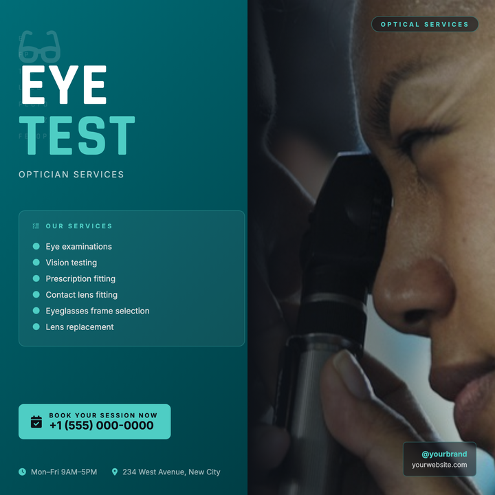 A bold two-column layout pairs a deep teal gradient panel with a full-height photo panel, blended seamlessly for a clinical-yet-approachable look.