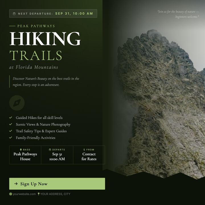 A moody, editorial layout built for guided hikes, trail runs, and eco-retreats.