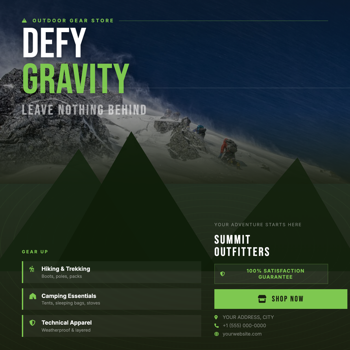 A rugged dark-wilderness layout built on a navy-to-olive gradient with layered mountain silhouettes and a dimmed landscape photo that blends seamlessly into the scene.