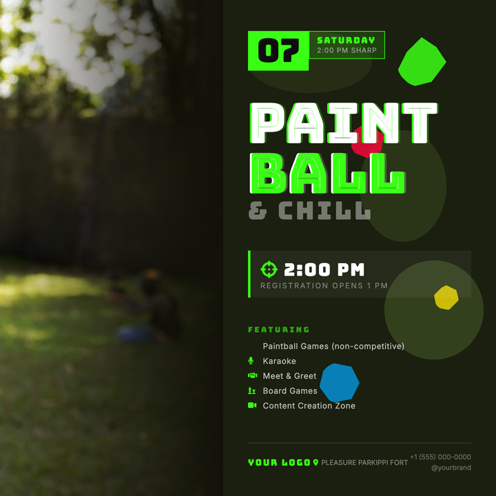 Built for high-energy sporting events, this template pairs a full-bleed action photo strip with a dark military-olive camo background and electric neon green (#39ff14) accents.