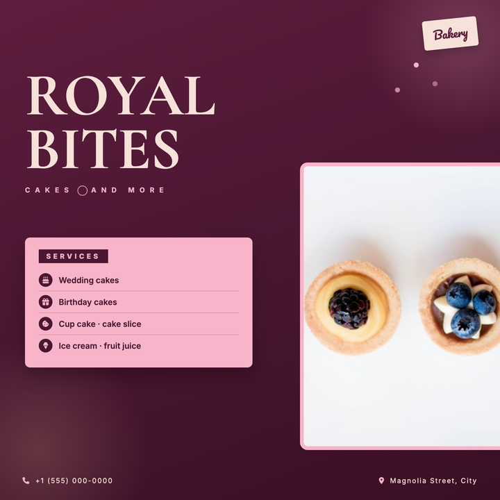 A deep burgundy radial gradient and Cormorant Garamond headlines at 96px give this template an editorial, upscale presence built for boutique bakeries and cake studios.