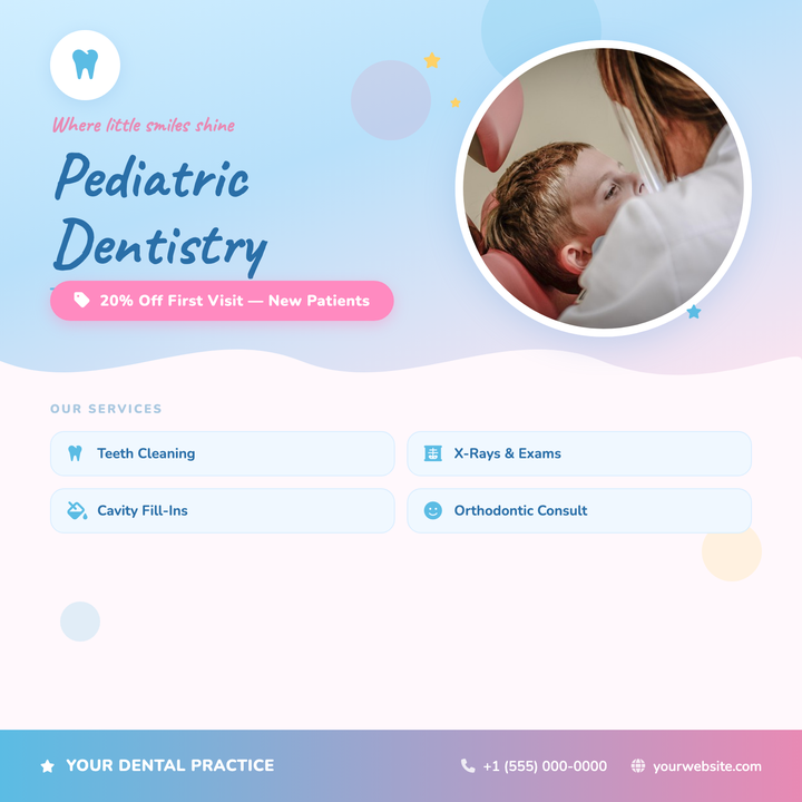 Designed for pediatric dental practices and family health clinics, this flyer pairs a Caveat handwritten headline with a pastel sky-to-cream gradient and soft-pink accents to feel warm and welcoming.
