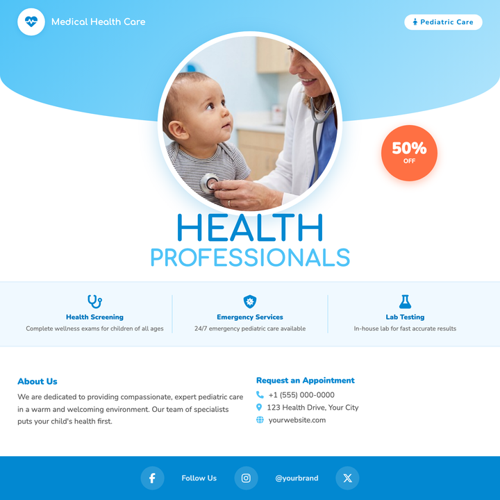 A warm, sky-blue gradient panel and circular photo focal point make this flyer feel approachable without sacrificing medical credibility.