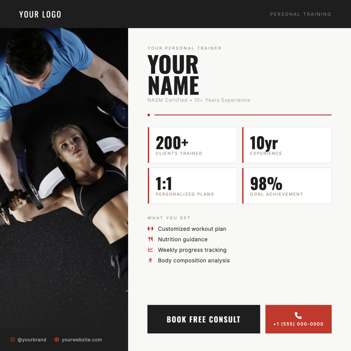 A credential-forward fitness flyer built around a bold portrait photo panel and Oswald display headlines.