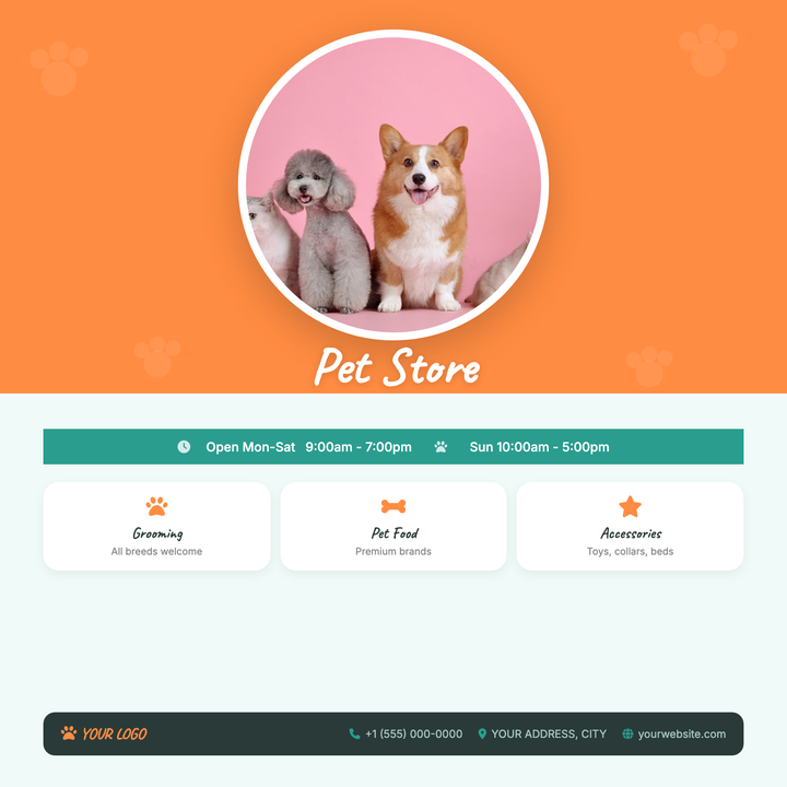 A warm orange-and-teal layout built for pet stores, grooming salons, and boutique pet supply shops.