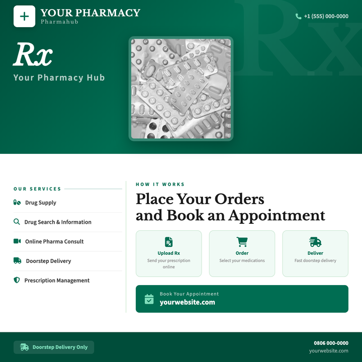 Built for local pharmacies and telepharmacy services, this template pairs a deep-green gradient header with crisp white panels to signal clinical credibility and modern convenience.