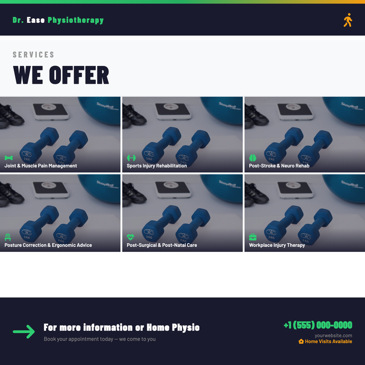 A navy-and-green clinic flyer built around a 3×2 photo grid, each cell showcasing a distinct service with a gradient label footer and icon accent.