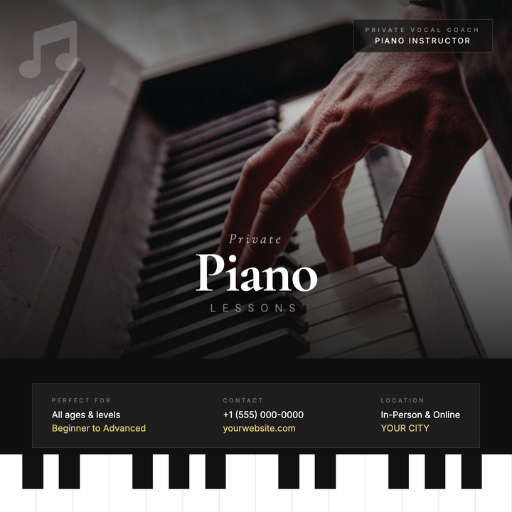 A near-monochrome editorial layout built for private music instruction, featuring a dramatic dark photo scrim, a bold Cormorant Garamond serif headline, and a CSS piano-key strip along the bottom.