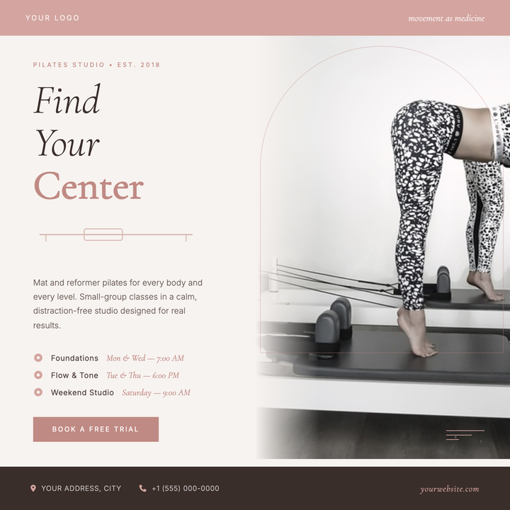 A warm parchment layout built for boutique pilates and wellness studios announcing new schedules, seasonal openings, or free-trial offers.