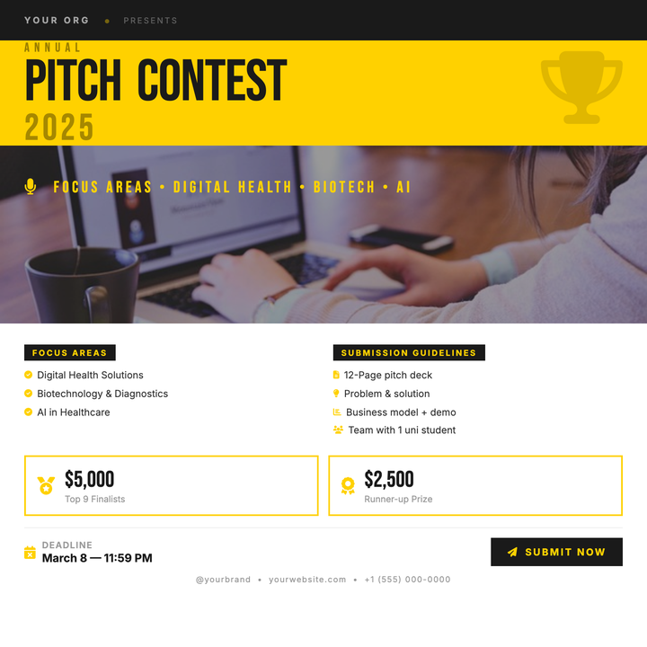 A bold yellow-and-black layout built for startup pitch competitions, demo days, and accelerator calls-for-entries.