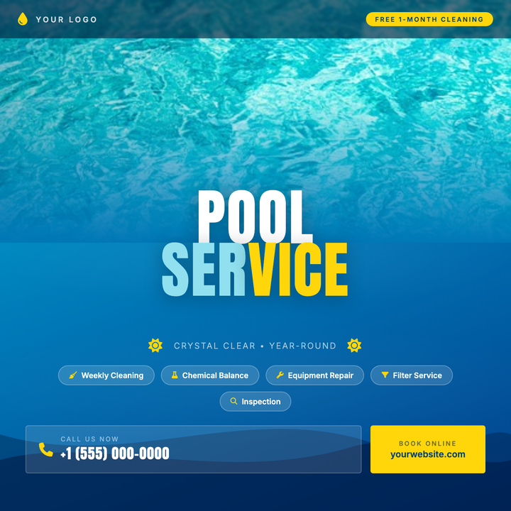 Built on a deep-ocean blue gradient with layered SVG waves, this template pairs a full-bleed pool photo with bold 96px Anton headlines for instant impact.