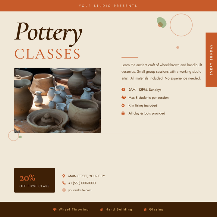 A warm terracotta-and-parchment layout built for artisan studios and craft workshops.
