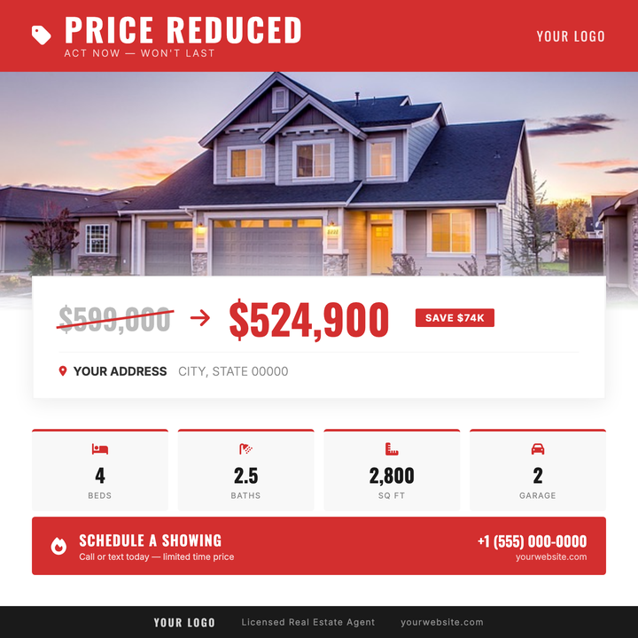 Built for motivated-seller listings where the new number needs to hit first.