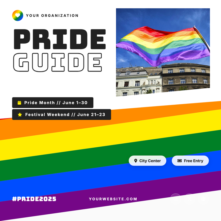 Bold diagonal rainbow stripes in the classic six-color Pride palette dominate the lower half, while a clipped white panel and oversized Bungee headline command the upper section.