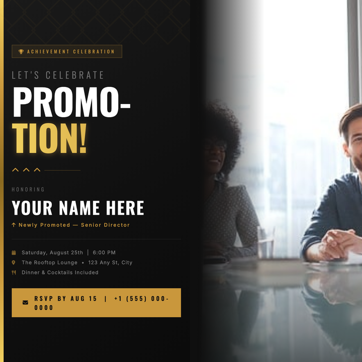 A dark charcoal canvas with a corporate-gold left bar and bold Oswald display type makes this flyer instantly professional and premium.