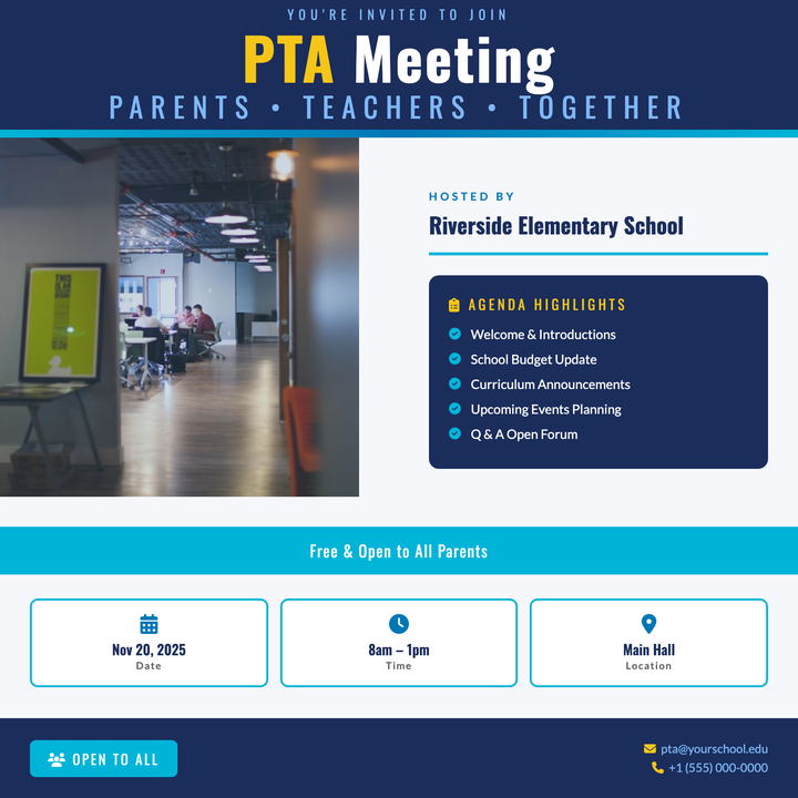 A structured navy-and-teal layout built for school and civic gatherings, with a bold Oswald headline lockup, a dedicated agenda board, and three at-a-glance info cards for date, time, and location.