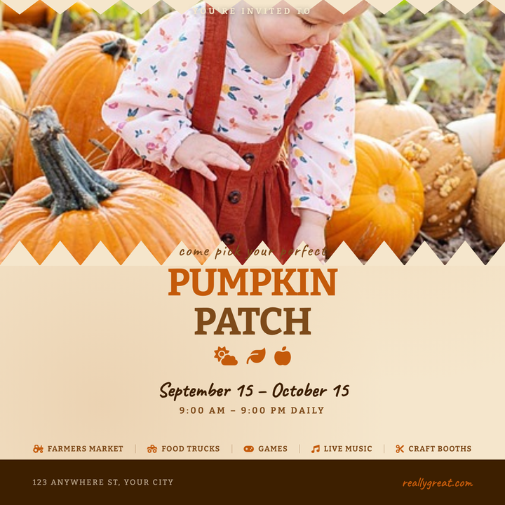 A warm kraft-paper canvas with a full-bleed photo panel, scalloped borders, and an earthy orange-and-brown palette sets a handcrafted harvest mood.