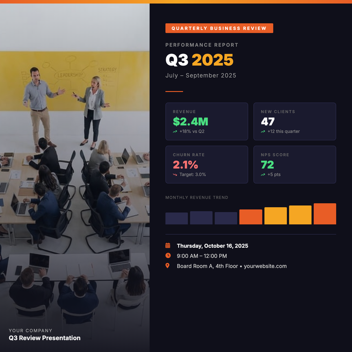 A dark navy, data-forward executive template built for QBR announcements and board briefings.